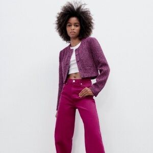 ZARA Cropped Pink Black Tweed Jacket Wool Blend Textured Blazer Size M